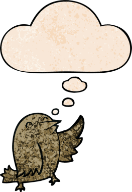 Bir insan tarafından çizilmiş grunge desenli düşünce baloncuklu çizgi film kuşu.