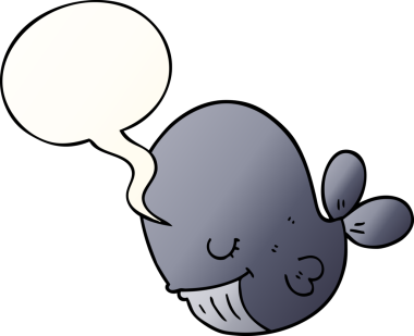 Bir insan tarafından çizilmiş, konuşma baloncuklu çizgi film balinası.