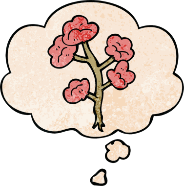 Bir insan tarafından çizilmiş grunge desenli düşünce baloncuklu karikatür çiçekleri.