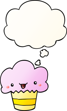 Yüzünde düşünce kabarcığı olan, bir insan tarafından çizilmiş karikatürlü kek.