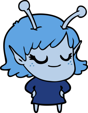 Bir insan tarafından çizilmiş gülümseyen uzaylı kız çizgi filmi.