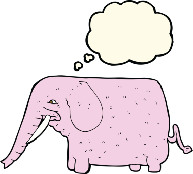 Bir insan tarafından çizilmiş düşünce baloncuklu komik bir fil.