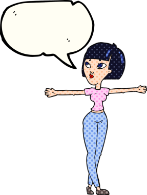 El yazısıyla çizilmiş bir çizgi roman konuşma balonu kadın bir insan tarafından çizilmiş kollarını açıyor.