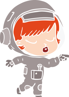 Düz renkli çizgi film. Güzel astronot kız bir insan tarafından çizilmiş.