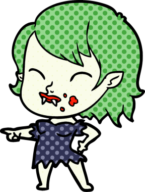 Bir insan tarafından çizilmiş yanağında kan olan vampir kız çizgi filmi.