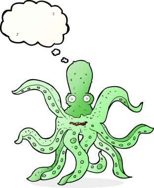 Bir insan tarafından çizilmiş düşünce baloncuklu dev ahtapot çizgi filmi.