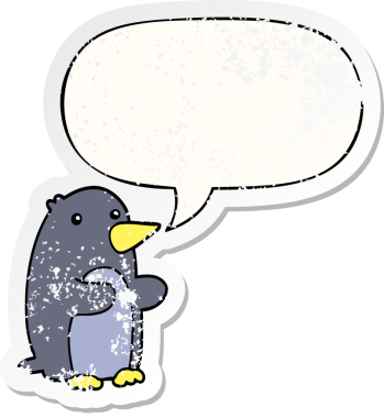 Konuşma baloncuğu olan karikatür pengueni bir insan tarafından çizilmiş sıkıntılı eski bir çıkartma