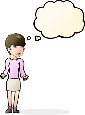 Bir insan tarafından çizilmiş düşünce baloncuğu olan kafası karışık bir kadın çizgi filmi.