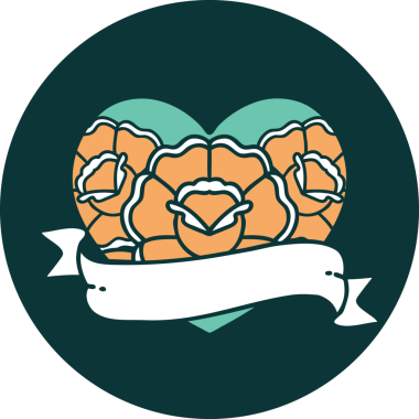 İkonik dövme stili bir kalp ve bir insan tarafından çizilmiş çiçekli pankart.