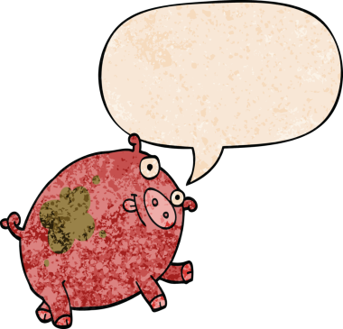 Bir insan tarafından çizilmiş eski moda konuşma baloncuklu çizgi film domuzu.