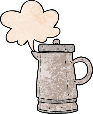 Eski bir metal çaydanlık, insan tarafından çizilmiş eski moda bir konuşma baloncuğu.