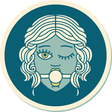 Geleneksel bir dövme stili. Göz kırpan kadın yüzü. Bir insan tarafından çizilmiş top şakası.