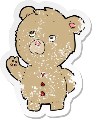 Bir insan tarafından çizilmiş oyuncak ayı sallayan bir çizgi filmin gerilimli retro yapıştırması.