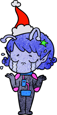 Ağlayan uzaylı bir kızın insan tarafından çizilmiş Noel Baba şapkası giydiği el çizimi bir çizgi film.