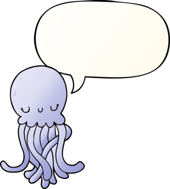 Bir insan tarafından çizilmiş konuşma baloncuklu şirin çizgi film denizanası.