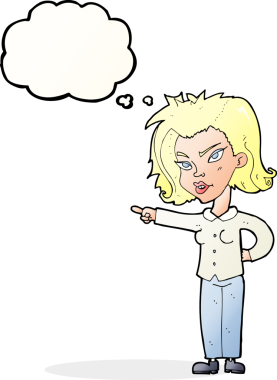 Bir insan tarafından çizilmiş düşünce balonuyla işaret eden çizgi film kadını.