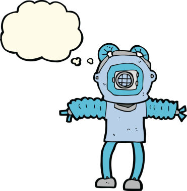 Bir insan tarafından çizilmiş düşünce balonlu derin deniz dalgıcı.