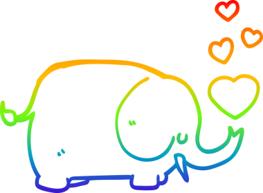 Gökkuşağı gradyan çizgisi bir insan tarafından çizilmiş sevgi dolu kalpleri olan sevimli bir fil çizimi.