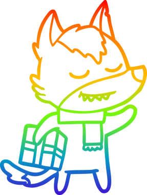 Gökkuşağı gradyan çizgisi, bir insan tarafından çizilmiş Noel hediyesini taşıyan arkadaş canlısı bir karikatür kurdu çiziyor.