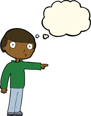 Bir insan tarafından çizilen düşünce baloncuğuyla işaret eden çizgi film adamı.