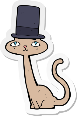 Bir insan tarafından çizilmiş silindir şapkalı çizgi film kedisinin çıkartması.