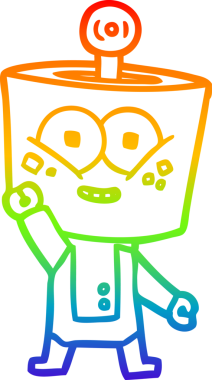 Gökkuşağı gradyan çizimi mutlu bir robot çizgi filmi. Bir insan tarafından çizilmiş merhaba.