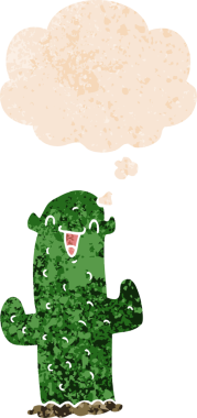 Düşünce baloncuğu olan çizgi film kaktüsleri bir insan tarafından çizilmiş dertli retro desenli.