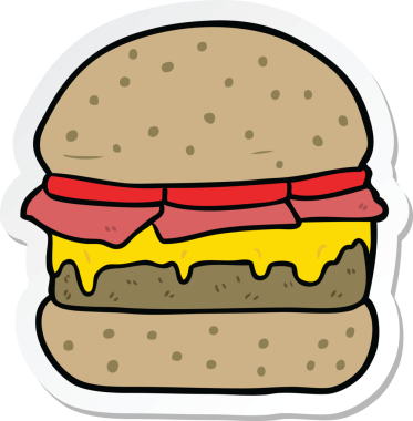 Bir insan tarafından çizilmiş çizgi film burgerinin çıkartması.