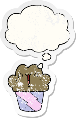 Yüzünde düşünce kabarcığı olan çizgi film keki insan tarafından çizilmiş yıpranmış bir çıkartma gibi.