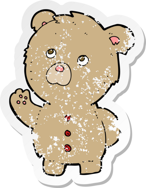 Bir insan tarafından çizilmiş oyuncak ayı sallayan bir çizgi filmin gerilimli retro yapıştırması.