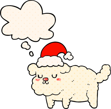Bir insan tarafından çizilmiş çizgi roman tarzında düşünce balonu olan şirin bir Noel köpeği.