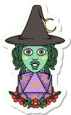 Bir insan tarafından çizilmiş 20 zarlı yarı ork bir cadının çıkartması.