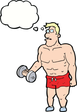 Bir insan tarafından çizilmiş düşünce baloncuğuyla ağırlık kaldıran çizgi film adamı.