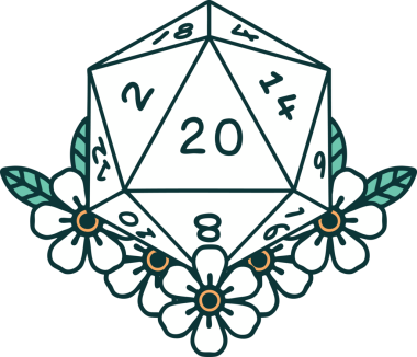 Retro Dövme Biçimi Doğal 20 D20 zar bir insan tarafından çizilmiş çiçek elementleriyle