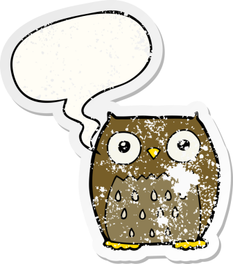 Konuşma baloncuğu olan çizgi film baykuşu bir insan tarafından çizilmiş sıkıntılı eski bir çıkartma