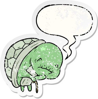 Konuşma baloncuğu olan yaşlı, tatlı bir kaplumbağa. Bir insan tarafından çizilmiş, sıkıntılı, yaşlı bir çıkartma.