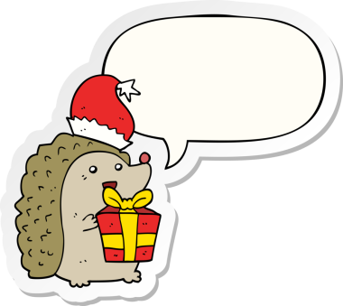 Bir insan tarafından çizilmiş balon çıkartmalı Noel şapkası takan kirpi çizgi filmi.