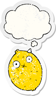 Karikatür acı limon. Düşünce baloncuklu. Üzüntülü bir çıkartma gibi.