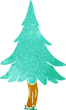 Bir insan tarafından çizilmiş ağaçlık çam ağaçlarının eski çizgi film karalaması.