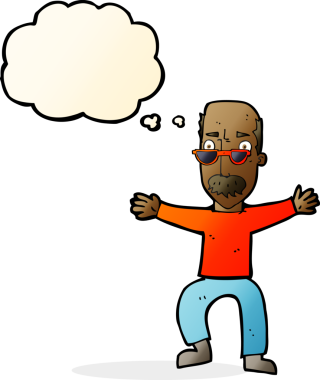 Bir insan tarafından çizilmiş düşünce baloncuğuyla kollarını sallayan yaşlı bir adam.