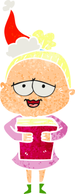 Bir insan tarafından çizilmiş Noel Baba şapkası giyen mutlu yaşlı bir kadının el çizimi karikatürü.