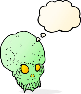 Bir insan tarafından çizilmiş düşünce baloncuklu garip kafatası.