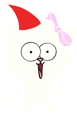 Bir insan tarafından çizilmiş Noel Baba şapkası takan bir kedinin düz renk çizimi.