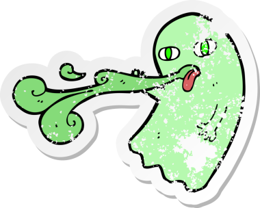 Bir insan tarafından çizilmiş komik bir karikatür hayaletinin gerilmiş çıkartması.