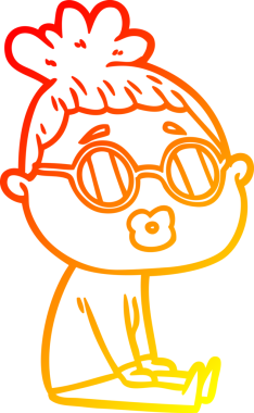 Bir insan tarafından çizilmiş gözlük takan bir kadının çizgi film çizimi.