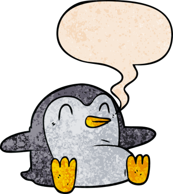 Konuşma baloncuğu olan karikatür pengueni insan tarafından çizilmiş.