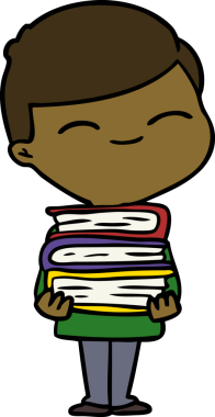 Bir insan tarafından çizilmiş kitap yığınıyla gülümseyen çocuk.