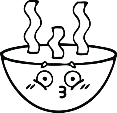 Bir insan tarafından çizilmiş sıcak çorba tabağının çizgi çizimi.