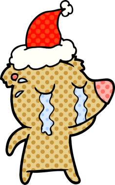 Bir insan tarafından çizilmiş Noel Baba şapkası giymiş ağlayan bir ayının el çizimi çizgi roman çizimi.