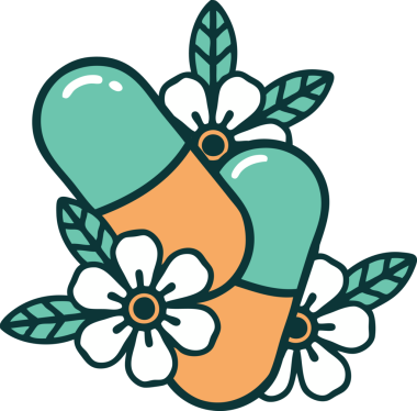 Bir insanın çizdiği hapların ve çiçeklerin ikonik dövme şekli